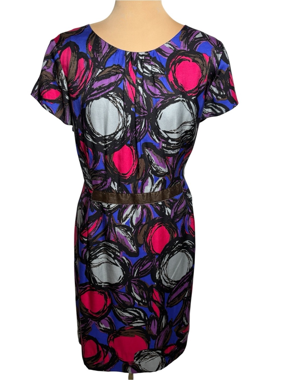 Boden Abstract Print Sheath Dress Size 14 Blue Pink Black Short Sleeve Knee Leng